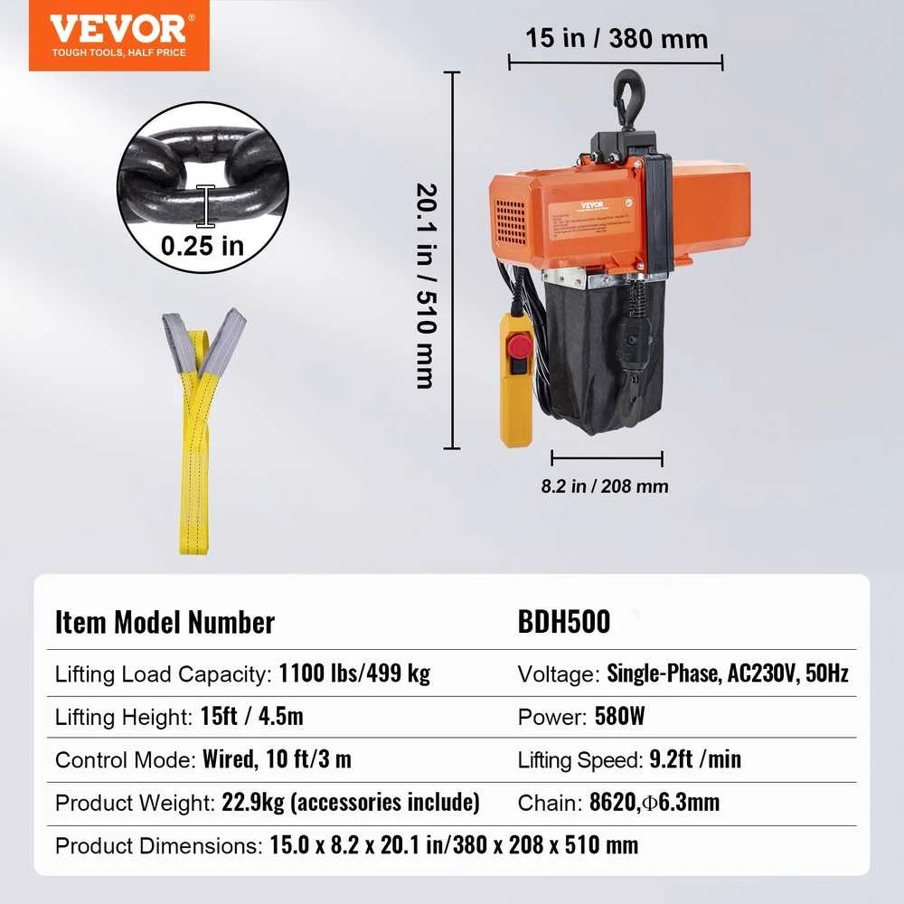 VEVOR Elektrinis grandininis keltuvas 499 kg, 4.5 m