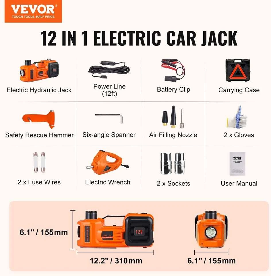 Elektrinis hidraulinis automobilinis domkratas 5t, ratų keitimui su veržliarakčiu ir pompa, 12V auto keltuvas.