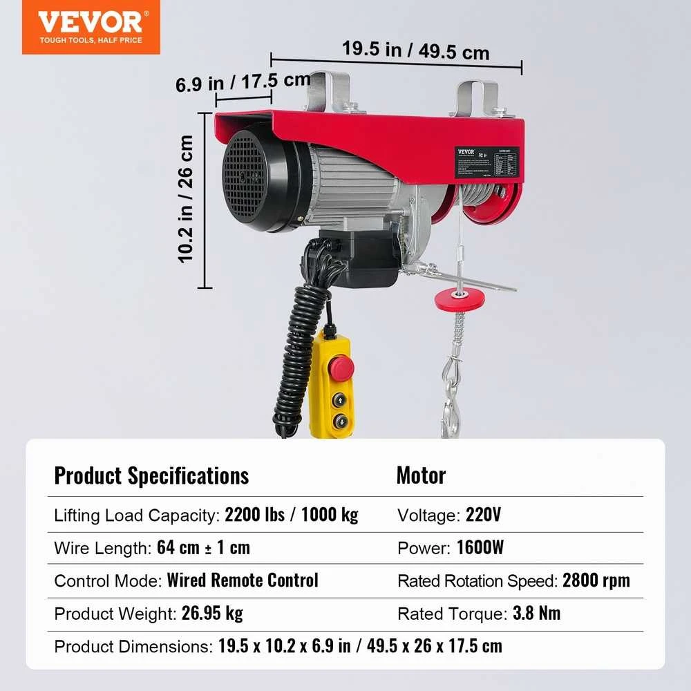 Elektrinis keltuvas 1000 kg, 1600W 220V, 12 m, lyninis, su pultu, vario variklis, skirtas garažui, sandėliui, gamyklai, dirbtuvėms