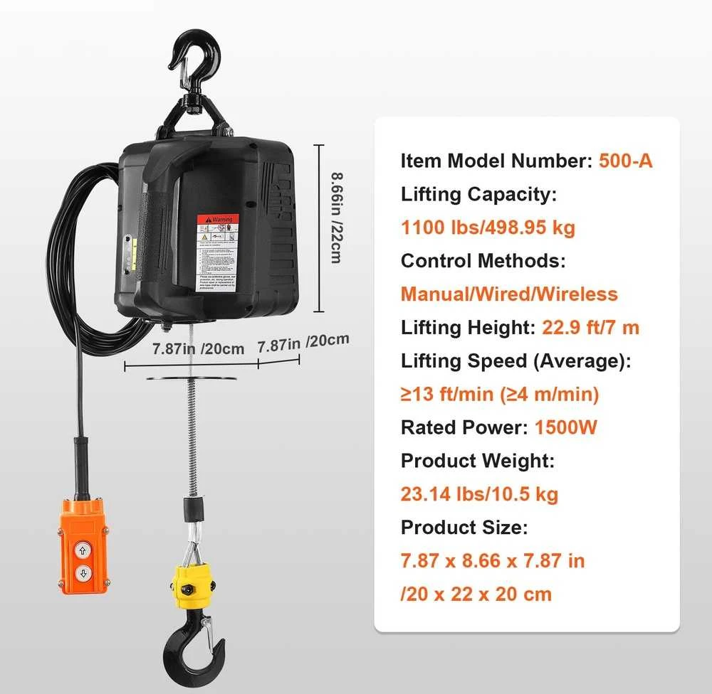 Elektrinis keltuvas gervė 498.95 kg, nešiojama, laidinis/belaidis valdymas, elektrinė gervė, automobilinė gervė