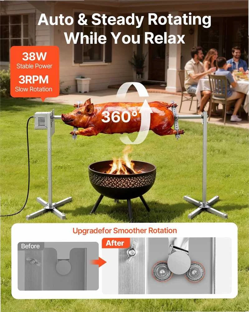 Elektrinis kepsninės iešmas, 8 lygių reguliuojamas aukštis, nerūdijantis plienas vakarėliams, 60 kg talpa, BBQ kepimo rinkinys, lauko kepsninė