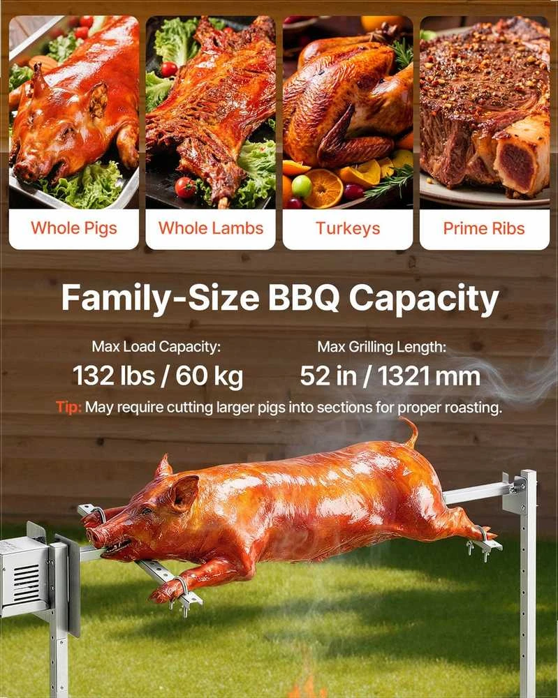 Elektrinis kepsninės iešmas, 8 lygių reguliuojamas aukštis, nerūdijantis plienas vakarėliams, 60 kg talpa, BBQ kepimo rinkinys, lauko kepsninė