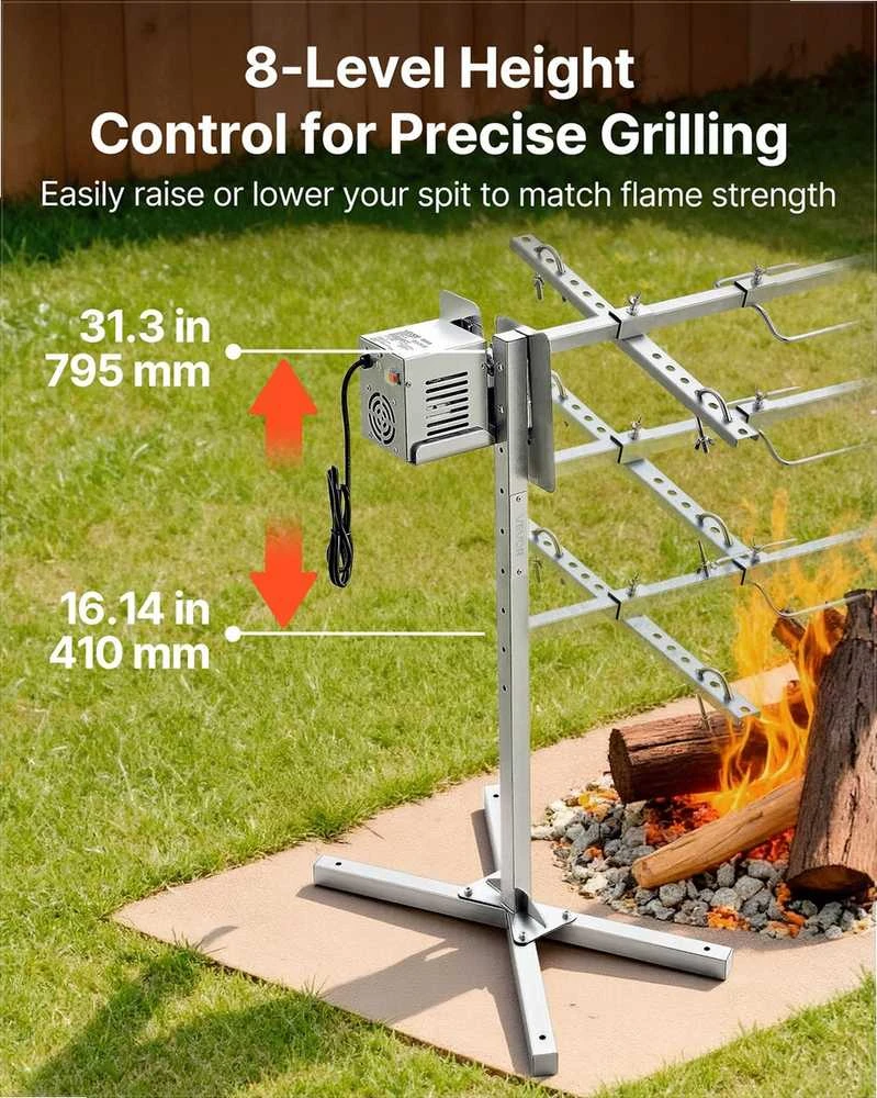 Elektrinis kepsninės iešmas, 8 lygių reguliuojamas aukštis, nerūdijantis plienas vakarėliams, 60 kg talpa, BBQ kepimo rinkinys, lauko kepsninė