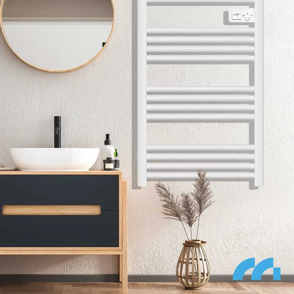 Elektrinis vonios kambario šildytuvas, montuojamas ant sienos, rankšluosčių džiovintuvas, su termostatu, 500W, programuojamas laikmatis, atitirpinimo režimas