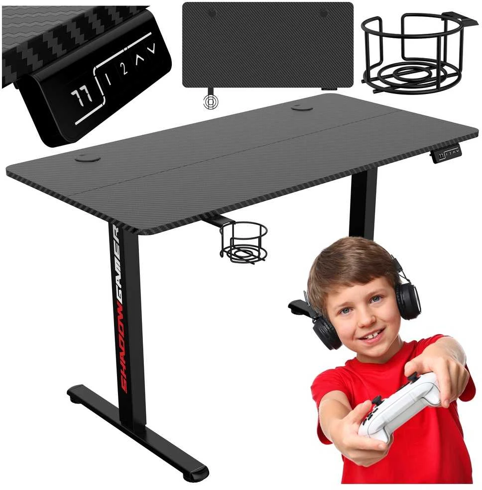 Elektrinis žaidimų stalas Shadow Gamer 1.0, juodas, 120 cm, reguliuojamas aukštis, ergonomiškas žaidimų stalas, kompiuterio stalas, konsolės stalas