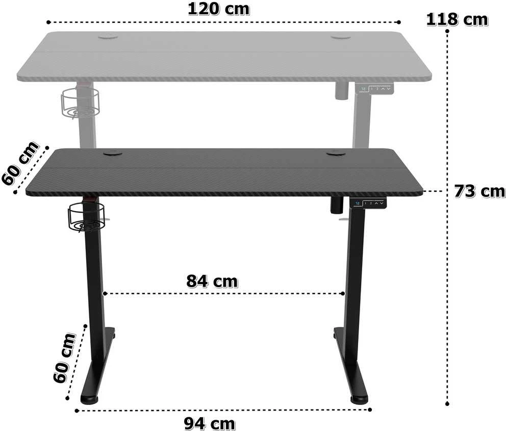 Elektrinis žaidimų stalas Shadow Gamer 1.0, juodas, 120 cm, reguliuojamas aukštis, ergonomiškas žaidimų stalas, kompiuterio stalas, konsolės stalas