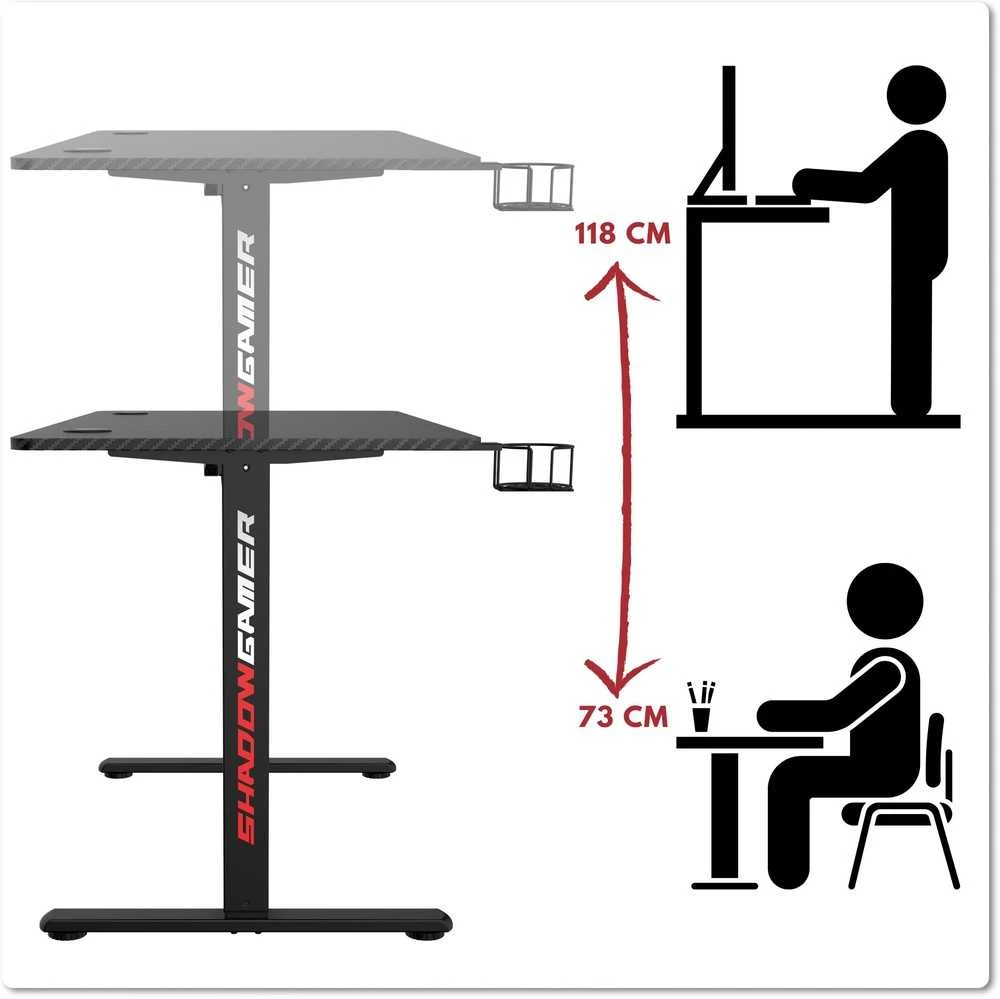 Elektrinis žaidimų stalas Shadow Gamer 1.0, juodas, 120 cm, reguliuojamas aukštis, ergonomiškas žaidimų stalas, kompiuterio stalas, konsolės stalas