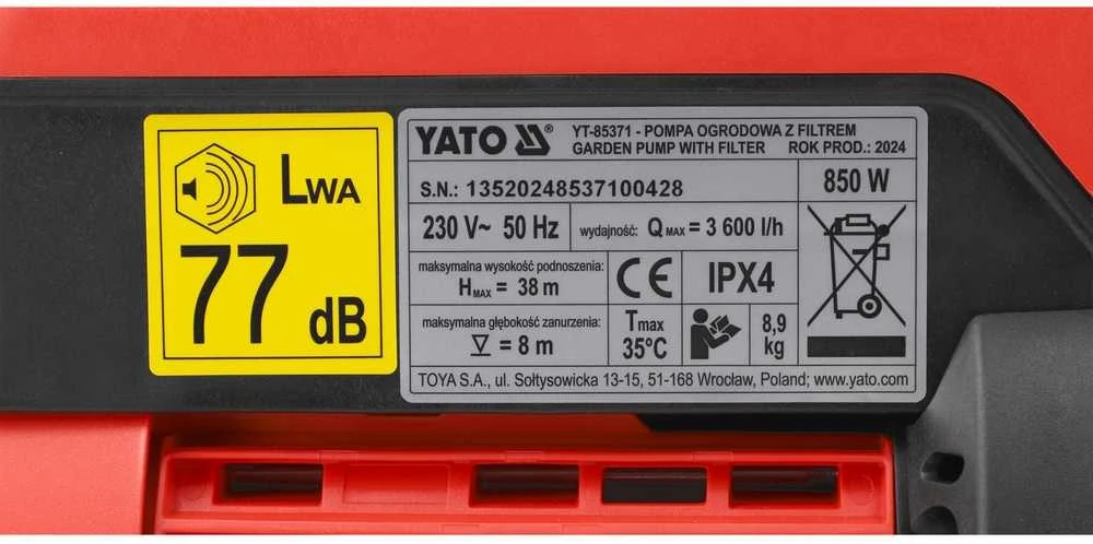 Yato Elektroninis vandens siurblys, sodo drėkinimui, didelis srautas, automatinis veikimas, švaraus vandens perdavimo siurblys