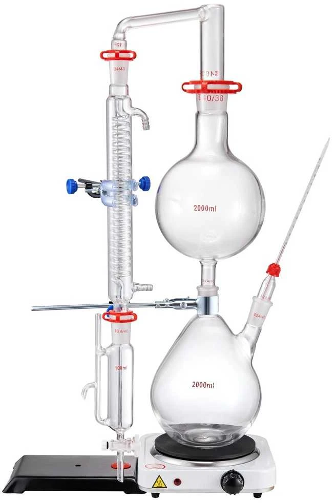 Eterinių aliejų distiliavimo rinkinys, 2000 ml, su kaitinimo plokšte, laboratorinis stiklas