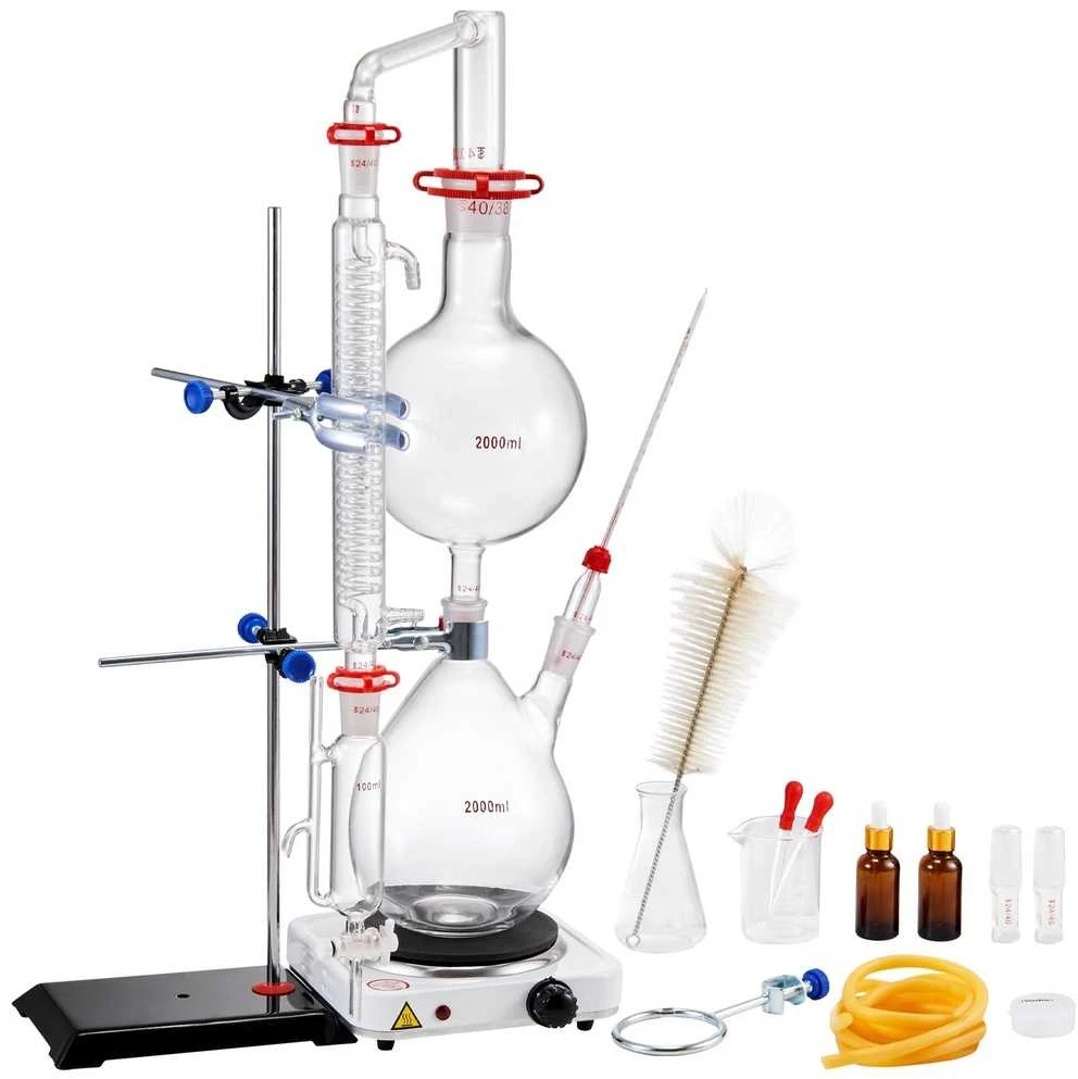 Eterinių aliejų distiliavimo rinkinys, 2000 ml, su kaitinimo plokšte, laboratorinis stiklas
