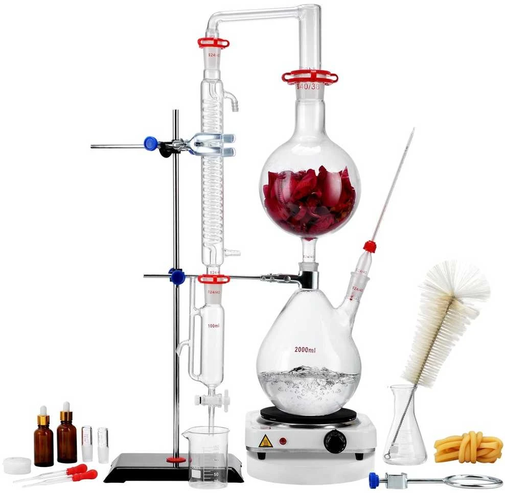 Eterinių aliejų distiliavimo rinkinys, 2000 ml, su kaitinimo plokšte, laboratorinis stiklas