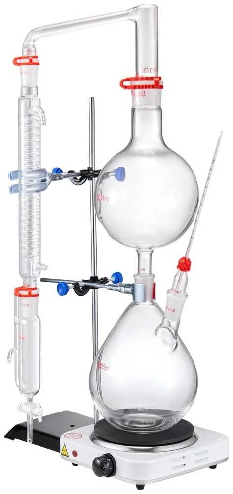 Eterinių aliejų distiliavimo rinkinys, 2000 ml, su kaitinimo plokšte, laboratorinis stiklas