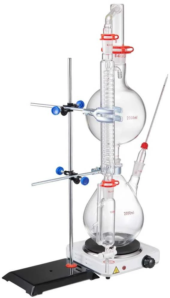Eterinių aliejų distiliavimo rinkinys, 2000 ml, su kaitinimo plokšte, laboratorinis stiklas