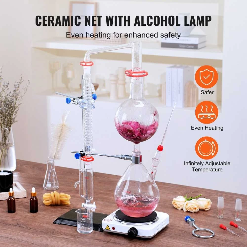 Eterinių aliejų distiliavimo rinkinys, 2000 ml, su kaitinimo plokšte, laboratorinis stiklas