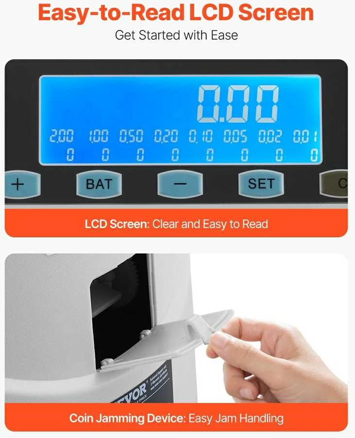 Euro monetų rūšiuoklis, su LCD ekranu, automatinis monetų skaitiklis, euro monetoms, greita monetų rūšiavimo mašina, monetų ritinėlių gaminimo aparatas