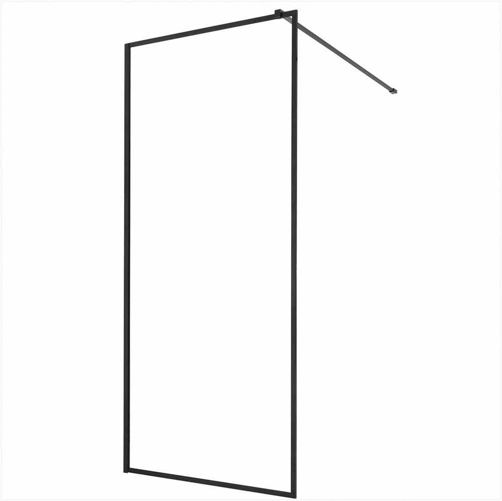 Fiksuota stiklo dušo sienelė vonios kambariui, 864 x 1870 mm, 8 mm storio skaidrus grūdintas stiklas, matinės juodos spalvos pilno rėmo dušo pertvara, vonios interjerui