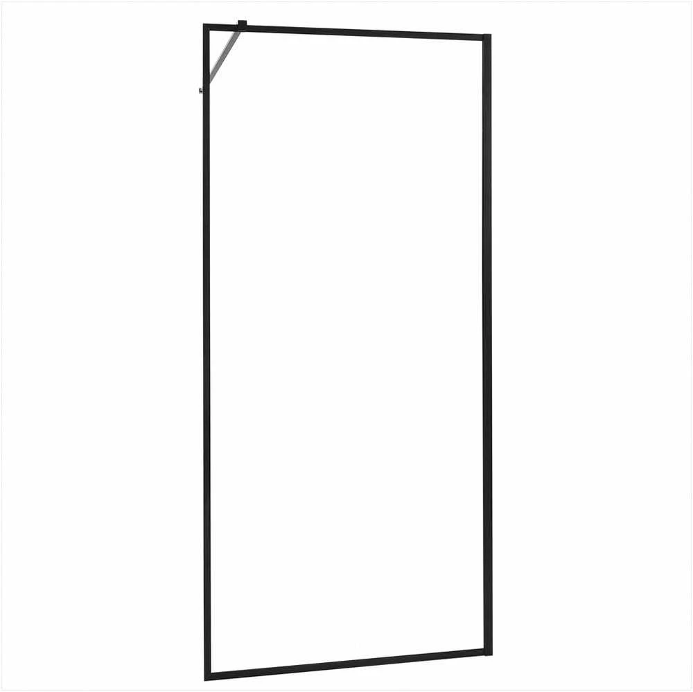 Fiksuota stiklo dušo sienelė vonios kambariui, 864 x 1870 mm, 8 mm storio skaidrus grūdintas stiklas, matinės juodos spalvos pilno rėmo dušo pertvara, vonios interjerui