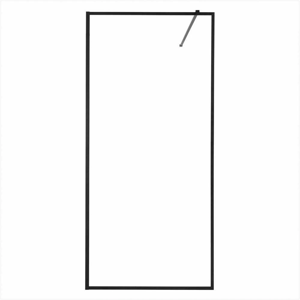 Fiksuota stiklo dušo sienelė vonios kambariui, 864 x 1870 mm, 8 mm storio skaidrus grūdintas stiklas, matinės juodos spalvos pilno rėmo dušo pertvara, vonios interjerui