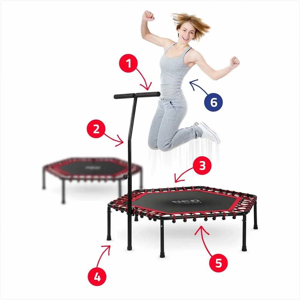 Fitneso batutas, su rankena, 127 cm šešiakampis, raudonas mini batutas namų naudojimui