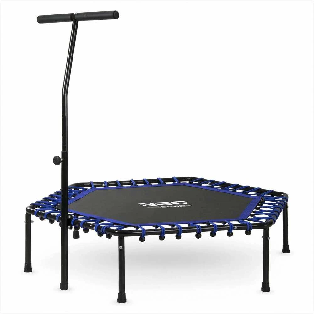 Fitneso batutas su rankena, 127 cm šešiakampis, mėlynas mini batutas namų naudojimui, vidaus kardio batutas