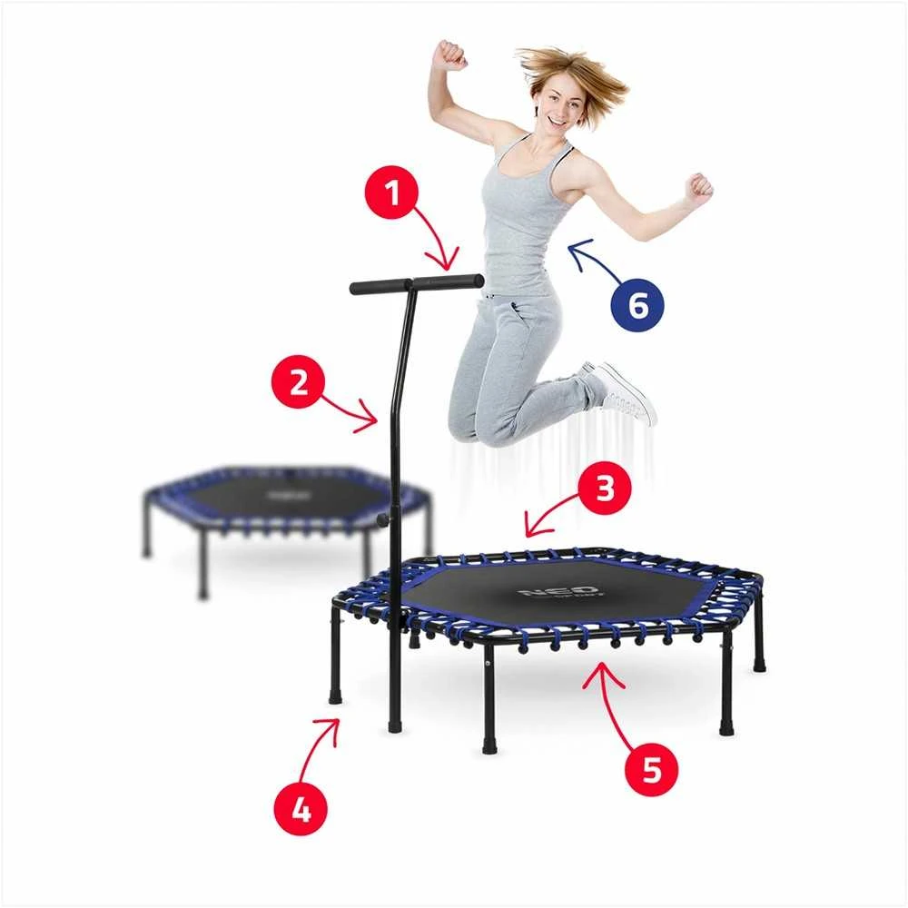 Fitneso batutas su rankena, 127 cm šešiakampis, mėlynas mini batutas namų naudojimui, vidaus kardio batutas