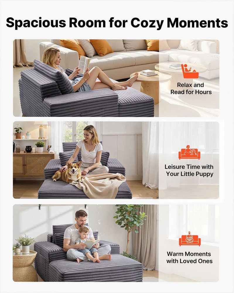 Fotelis Gultas, vidinis jogai ir masažui, moderni minkšta didelė skaitymo kėdė su pagalvėlėmis ir porankiais, sofa su gilia sėdyne, pilka, poilsio baldas