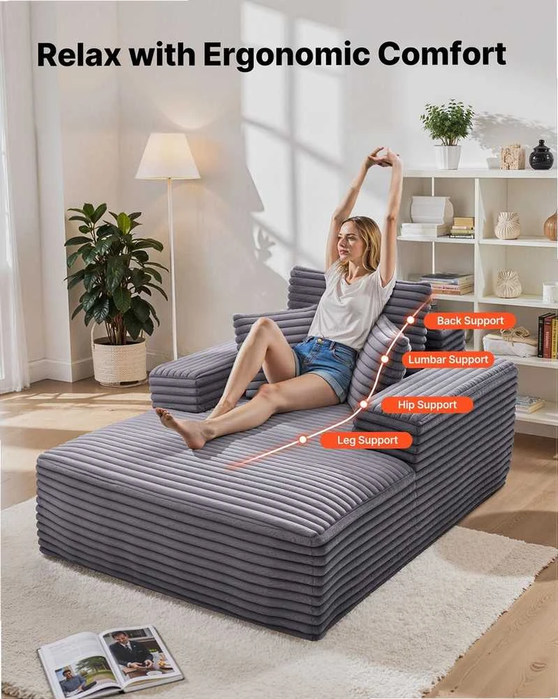 Fotelis Gultas, vidinis jogai ir masažui, moderni minkšta didelė skaitymo kėdė su pagalvėlėmis ir porankiais, sofa su gilia sėdyne, pilka, poilsio baldas