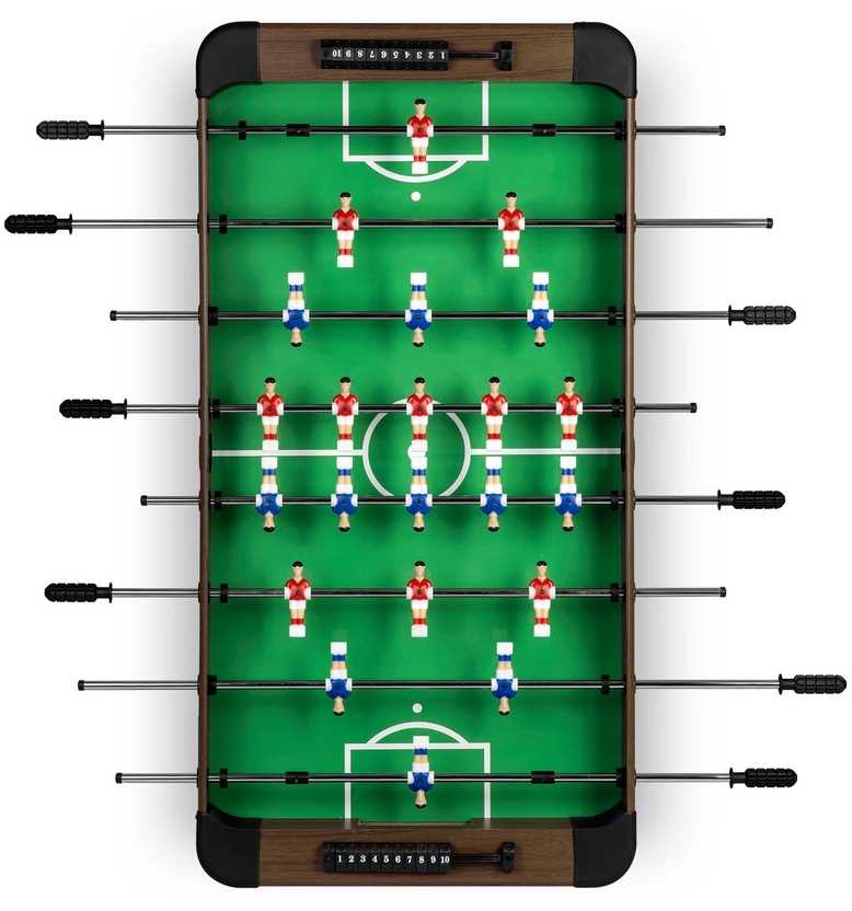 Futbolo stalas namams, su MDF žaidimo lauku, tamsiai rudas stalo futbolas, futbolo stalas vaikams, stalo futbolo žaidimas
