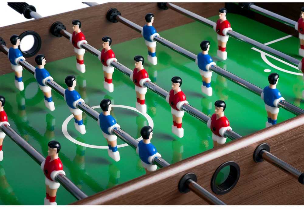 Futbolo stalas namams, su MDF žaidimo lauku, tamsiai rudas stalo futbolas, futbolo stalas vaikams, stalo futbolo žaidimas