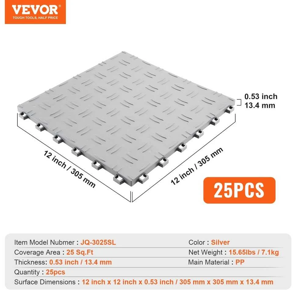 Garažo grindų plytelės 12x12 colių, neslidžios, dvipuses, 25 vnt., sidabrinės, sujungiamos, guminės, modulinės