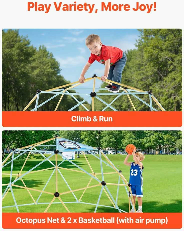 Geometrinis laipiojimo kupolas, 305 cm lauko žaidimų aikštelė su krepšinio kamuoliais ir tinklu vaikams, tvirta džiunglių sporto salė, laipiojimo įranga kiemui