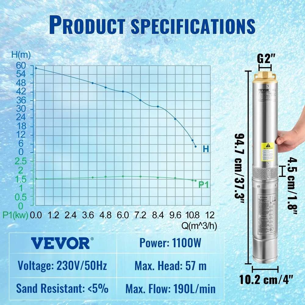 VEVOR Giluminis panardinamasis siurblys, 1100W, 230V, 190L/min 57m