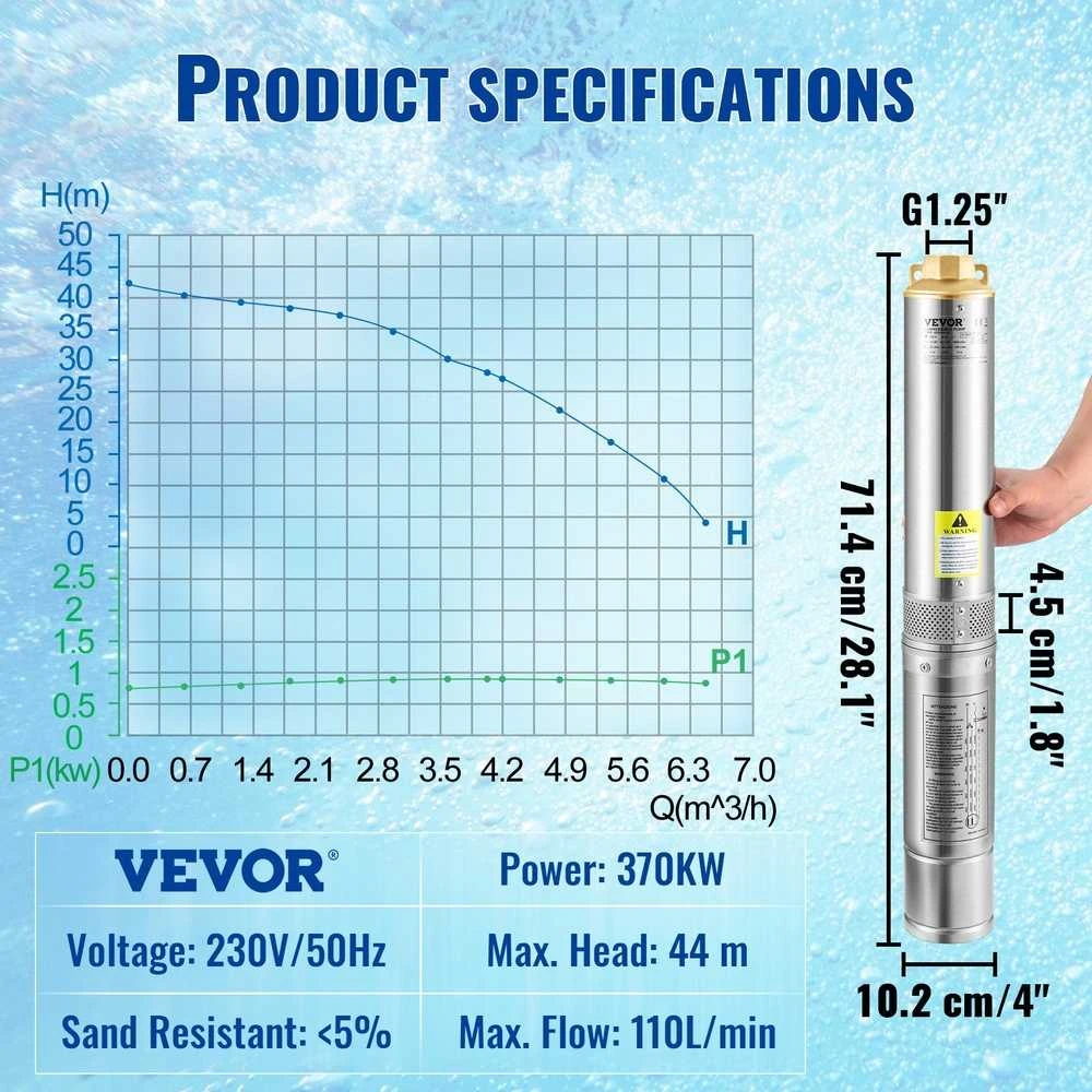 VEVOR Giluminis vandens siurblys, 370W 230V, nerūdijantis plienas