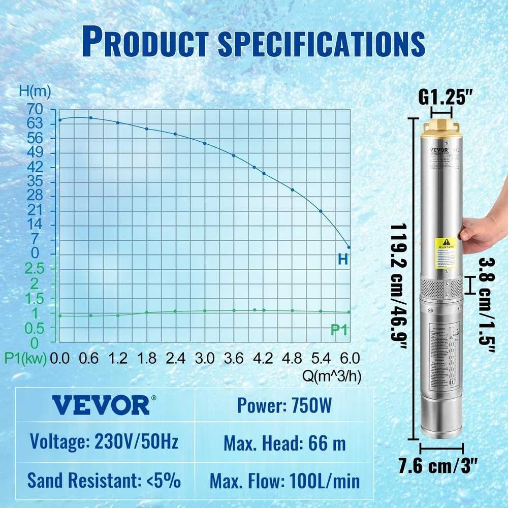 VEVOR Giluminis panardinamas siurblys, 750W 230V, 100L/min