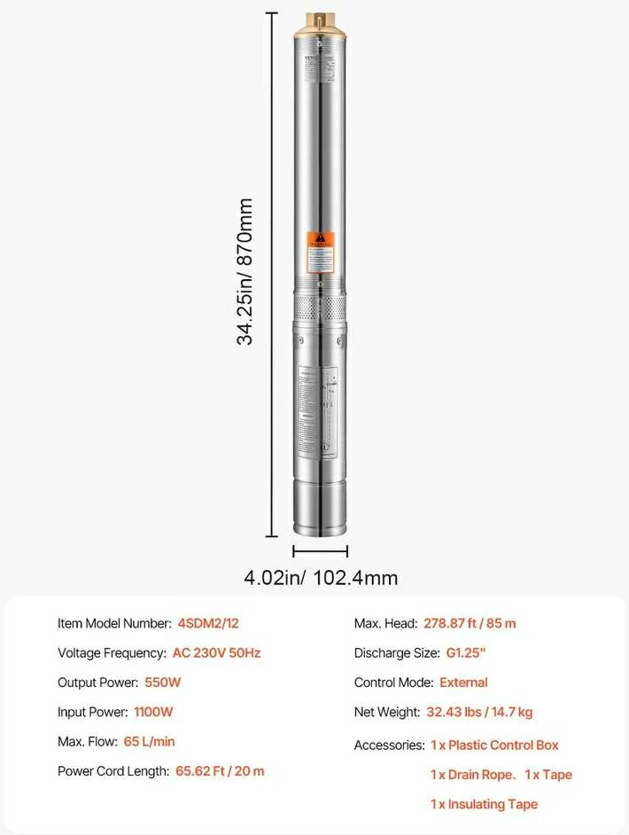 Giluminis siurblys 550W, nerūdijančio plieno, 65 l/min, vandens ištraukimui, šulinio siurblys, povandeninis