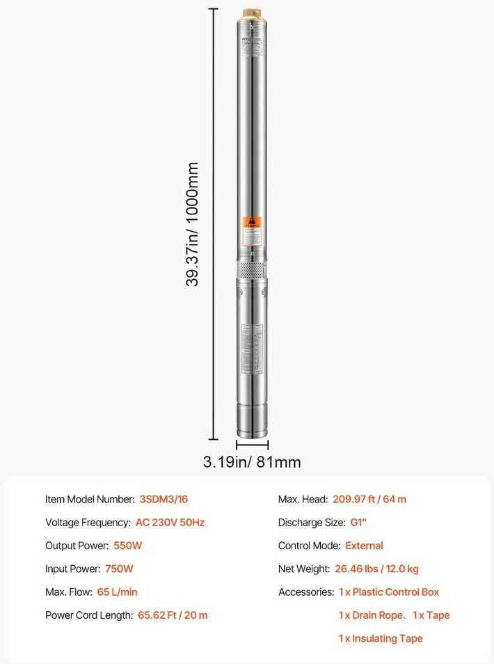 Giluminis siurblys 750W, nerūdijančio plieno, 65 l/min, vandens siurblys šuliniui, povandeninis