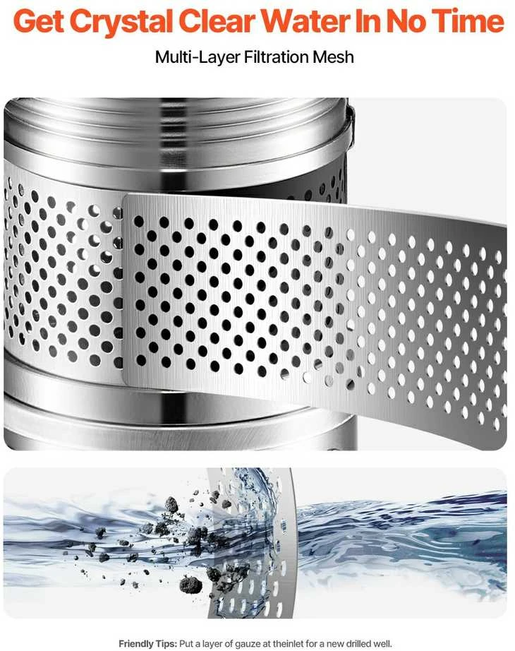 Giluminis siurblys 750W, nerūdijančio plieno, 65 l/min, vandens siurblys šuliniui, povandeninis