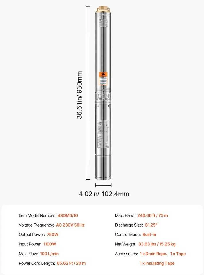 Giluminis siurblys 750W, nerūdijančio plieno, 100 l/min, vandens ištraukimui, laistymui, šuliniams, gręžiniams