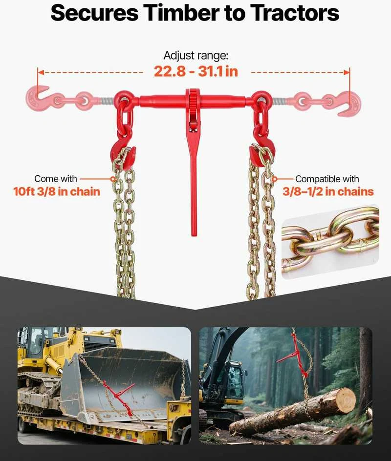 Grandinės įtempėjas su terkšle, 10 mm x 3 m G80 grandinės, didelio našumo įtempėjas, krovinių tvirtinimo grandinės įtempėjas, miško ruošos kėlimo įtempėjas