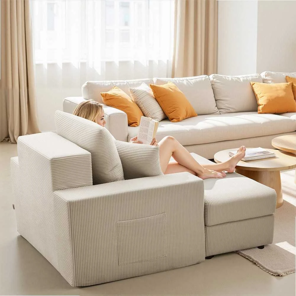 Gultas vidaus naudojimui, padidinta velvetinė skaitymo kėdė su pufu, gili sėdynė, modulinė sofa poilsiui, minkštas fotelis