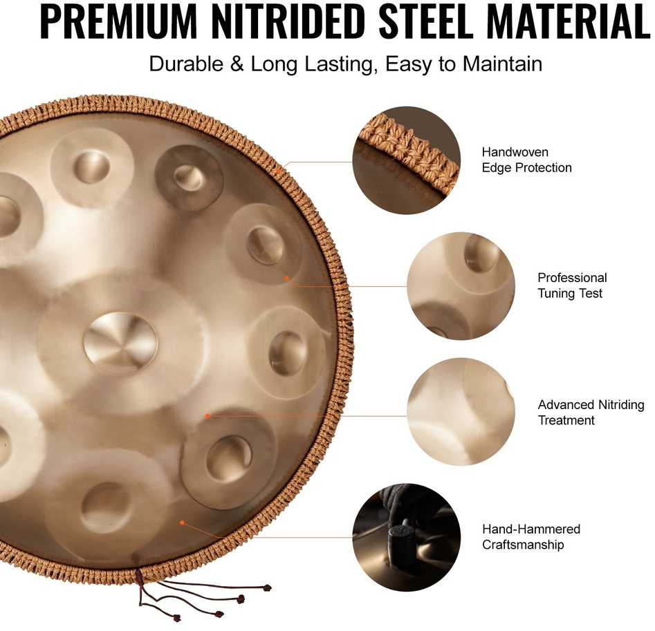 Handpan būgnas 22 colių, 10 natų, D minor, plieno mušamasis instrumentas su plaktuku, liežuvinis būgnas, tank drum