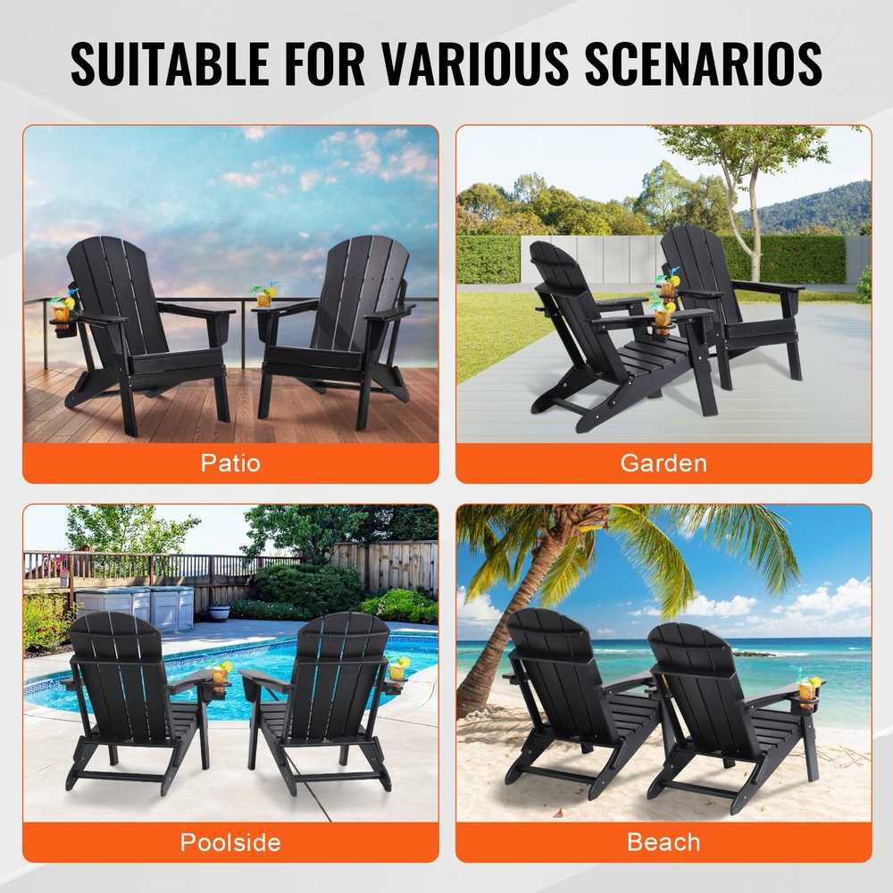 HDPE Adirondack kėdžių komplektas (2 vnt.), sulankstomos lauko terasos kėdės, visoms oro sąlygoms atsparios juodos Adirondack kėdės sodui, paplūdimiui, laužavietei