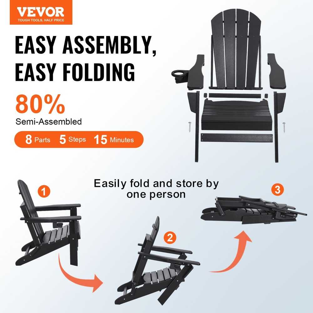 HDPE Adirondack kėdžių komplektas (2 vnt.), sulankstomos lauko terasos kėdės, visoms oro sąlygoms atsparios juodos Adirondack kėdės sodui, paplūdimiui, laužavietei