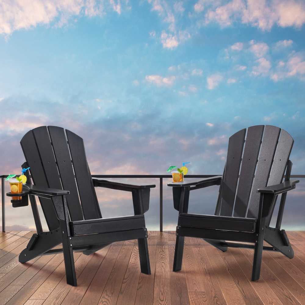 HDPE Adirondack kėdžių komplektas (2 vnt.), sulankstomos lauko terasos kėdės, visoms oro sąlygoms atsparios juodos Adirondack kėdės sodui, paplūdimiui, laužavietei
