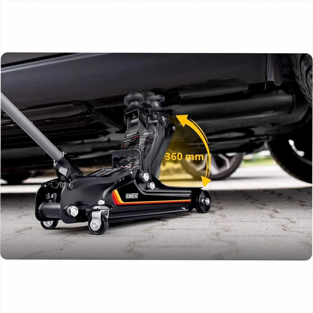Hidraulinis automobilinis domkratas, žemo profilio, sunkiasvoris, automobiliams ir furgonams, 2.5 tonos keliamosios galios, su guminiais padais