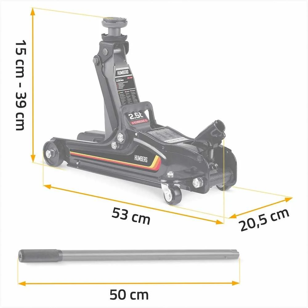 Hidraulinis automobilinis domkratas, žemo profilio, sunkiasvoris, automobiliams ir furgonams, 2.5 tonos keliamosios galios, su guminiais padais