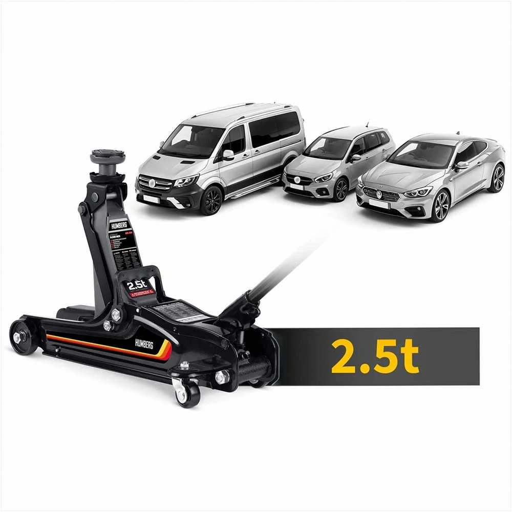 Hidraulinis automobilinis domkratas, žemo profilio, sunkiasvoris, automobiliams ir furgonams, 2.5 tonos keliamosios galios, su guminiais padais