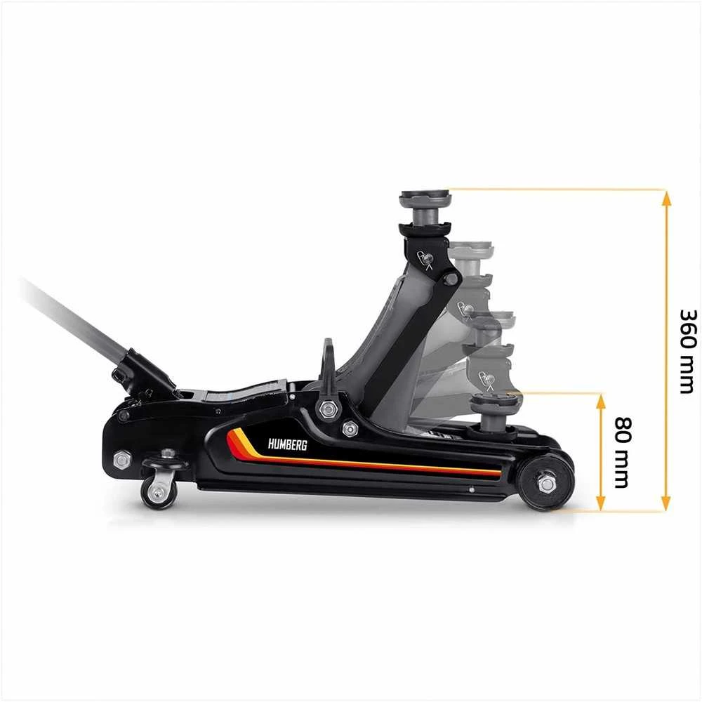 Hidraulinis automobilinis domkratas, žemo profilio, sunkiasvoris, automobiliams ir furgonams, 2.5 tonos keliamosios galios, su guminiais padais