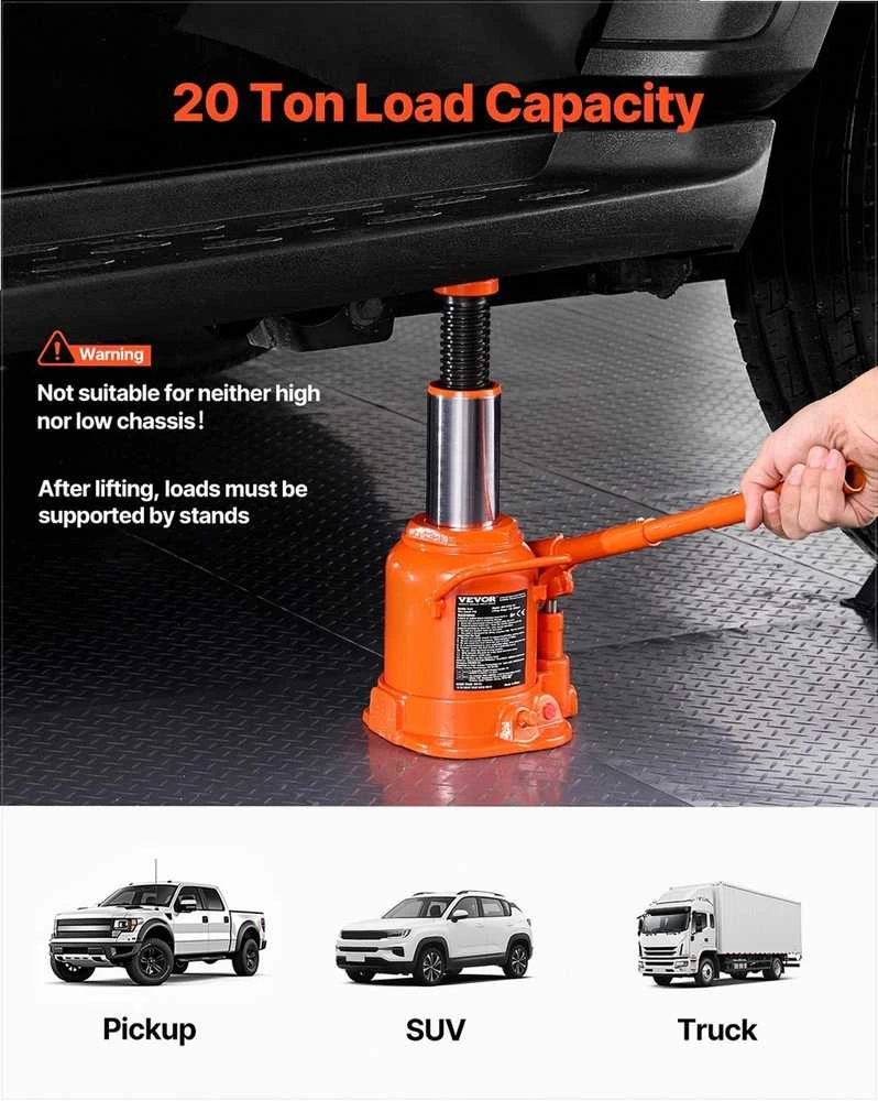 Hidraulinis butelio tipo keltuvas, 20 tonų galia, su 170-320mm kėlimo diapazonu ir 3 dalių rankena, automobiliams, pikapams, sunkvežimiams, kemperiams, pramoninis domkratas, nešiojamas kėlimo įrankis
