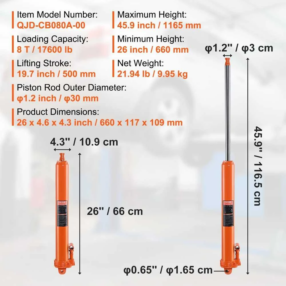Hidraulinis ilgo cilindro domkratas, 8 tonos, 500 mm eiga